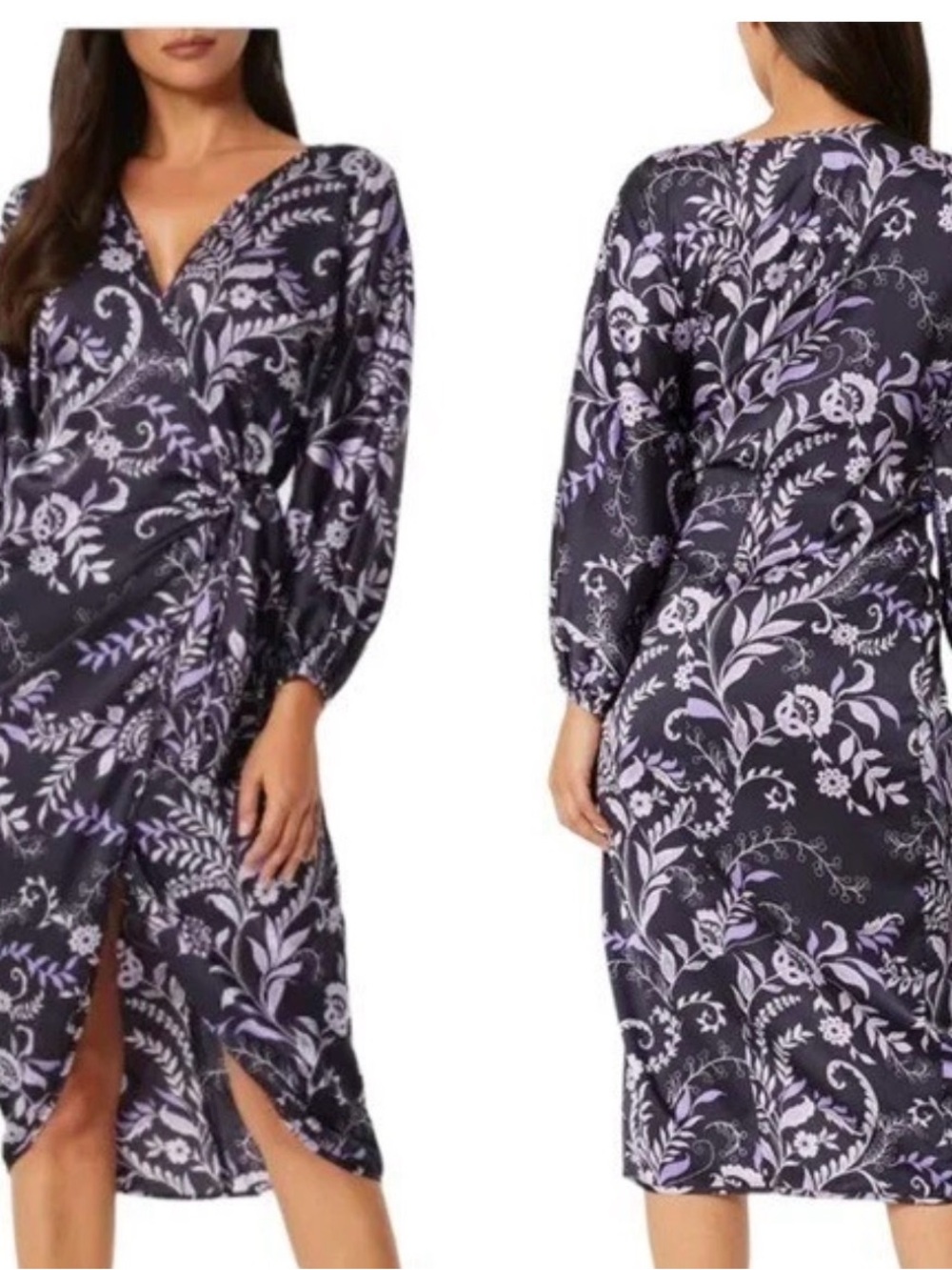 Revolve Misa Black Satin Floral Wrap Midi Dress | L